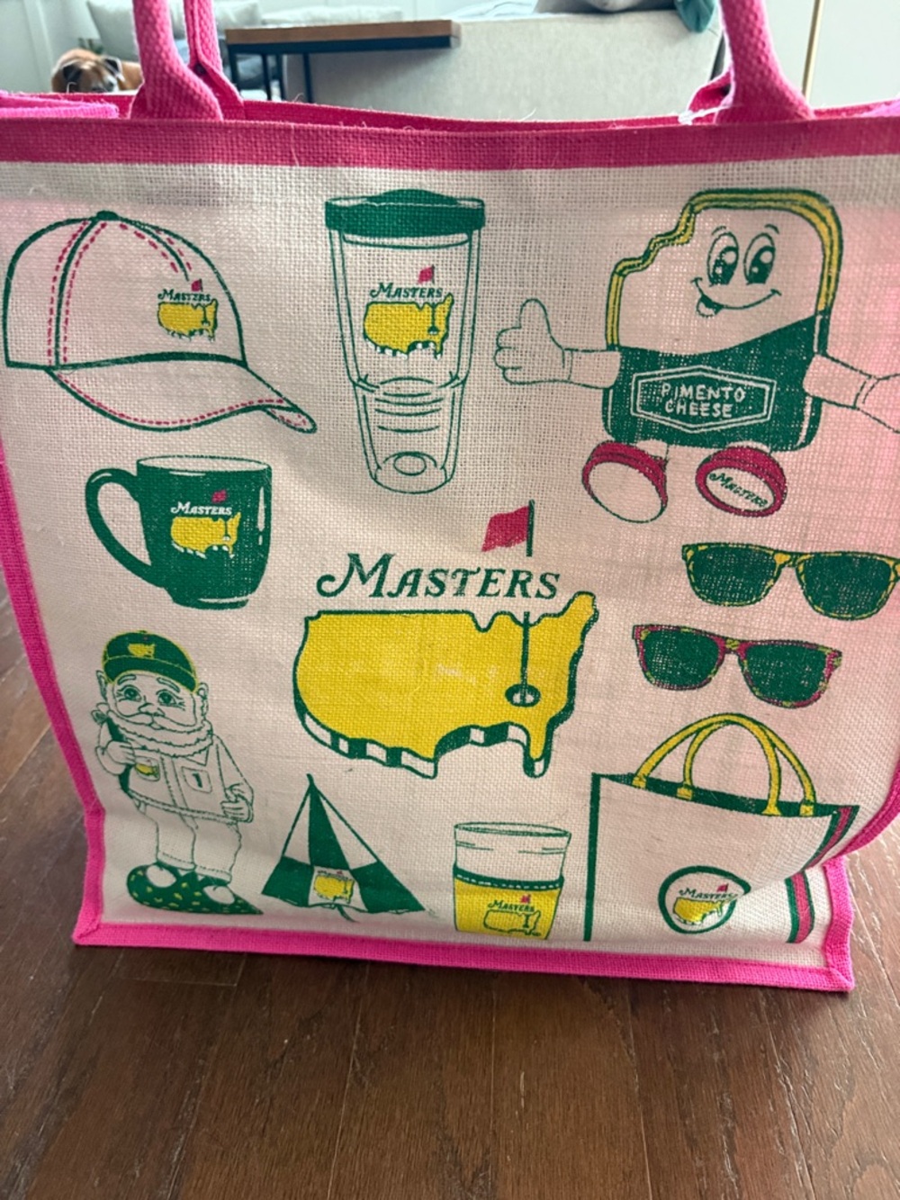Masters Canvas Tote with Pink Trim and Yellow, Green Graphics